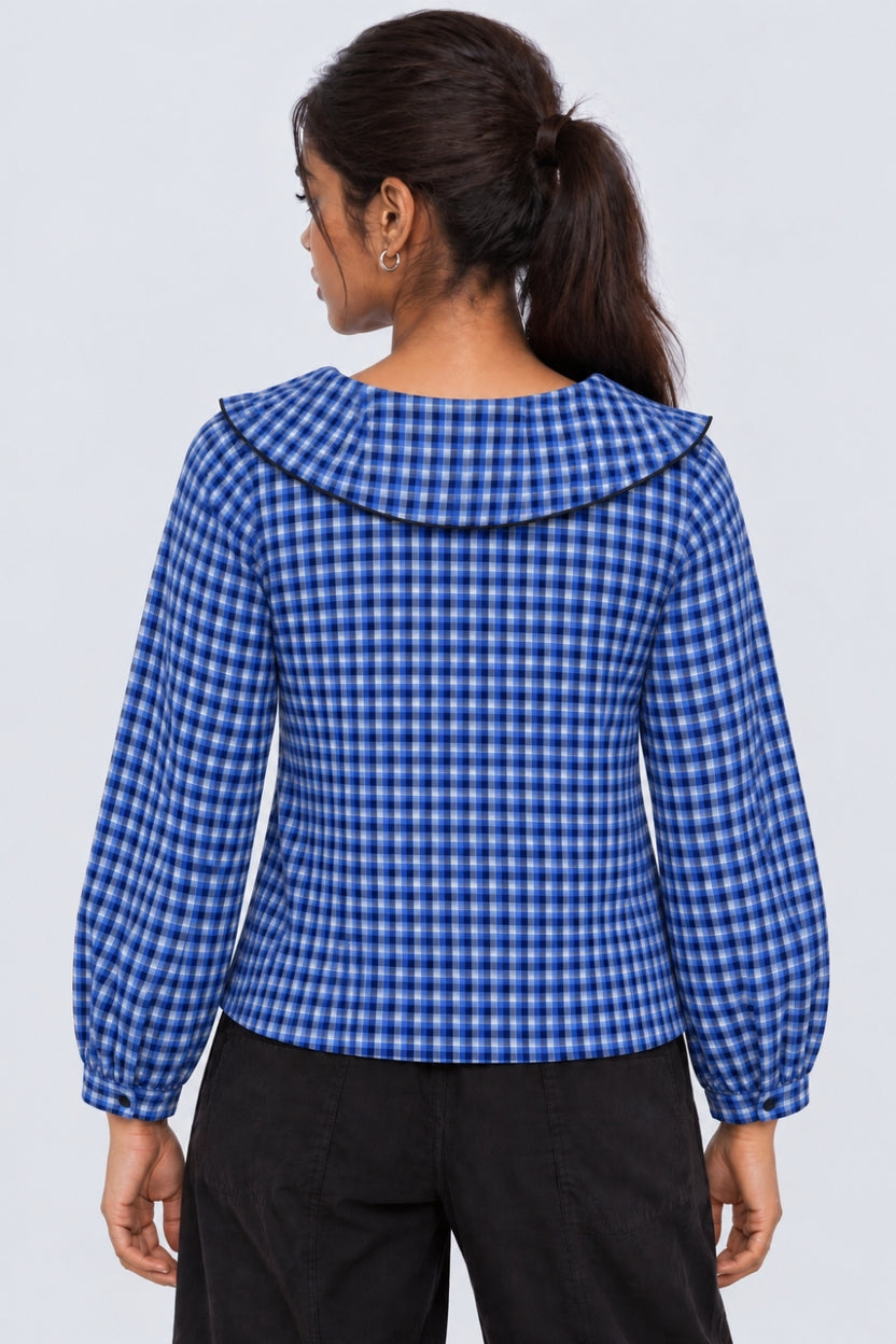 Womens Regular Fit Blue Cotton Checked Top - Image 5