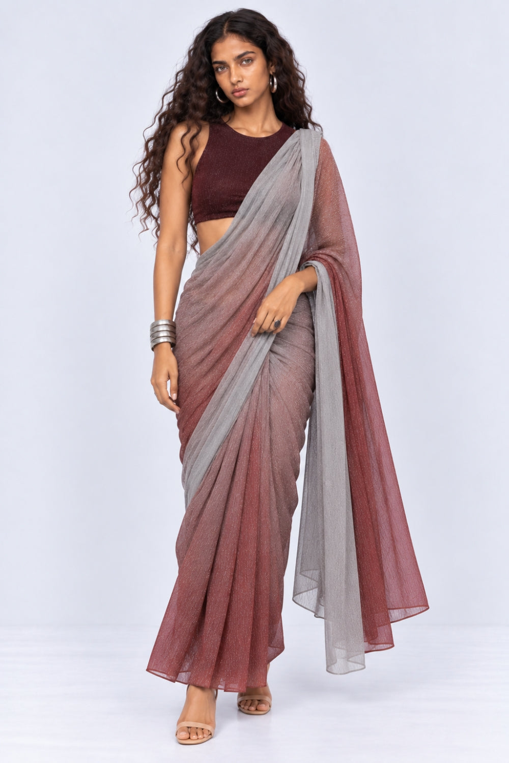 Womens Silver Draped Fit Sari - Image 1
