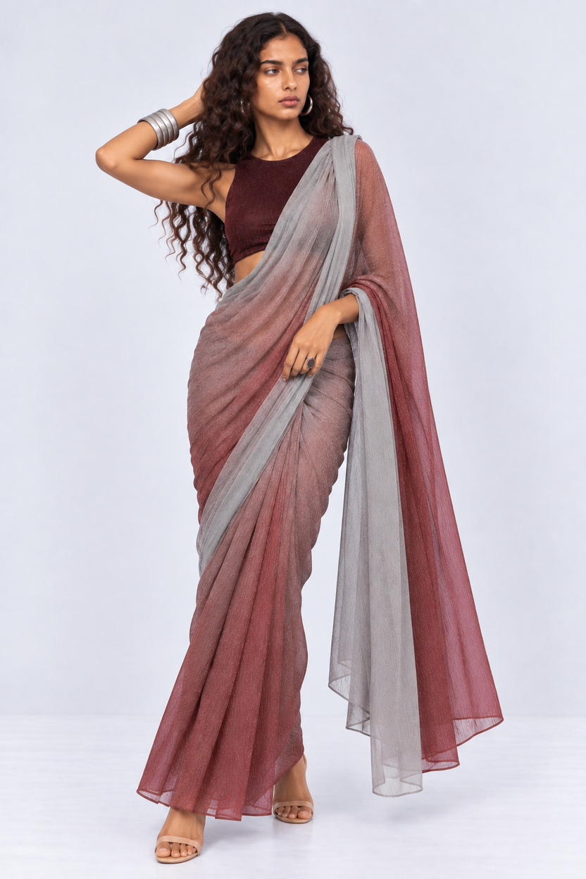 Womens Silver Draped Fit Sari - Image 2
