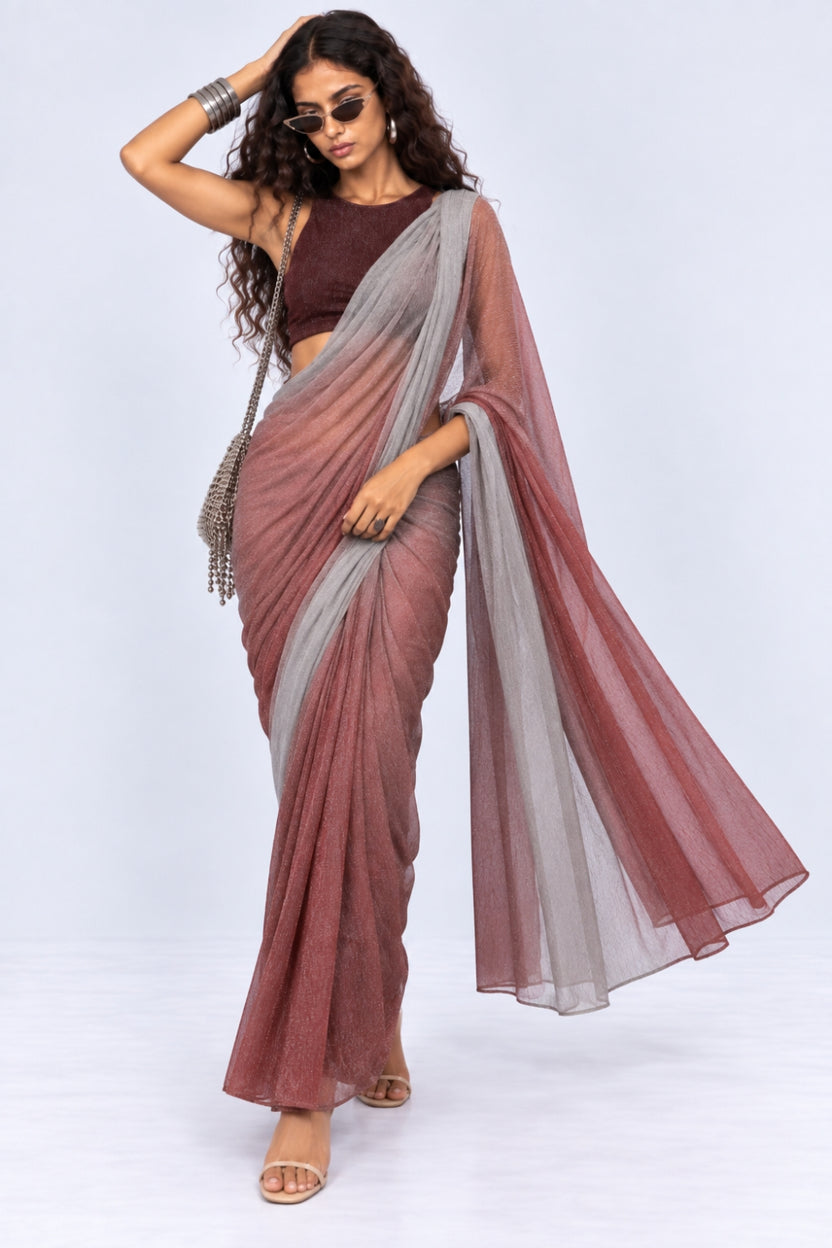 Womens Silver Draped Fit Sari - Image 6