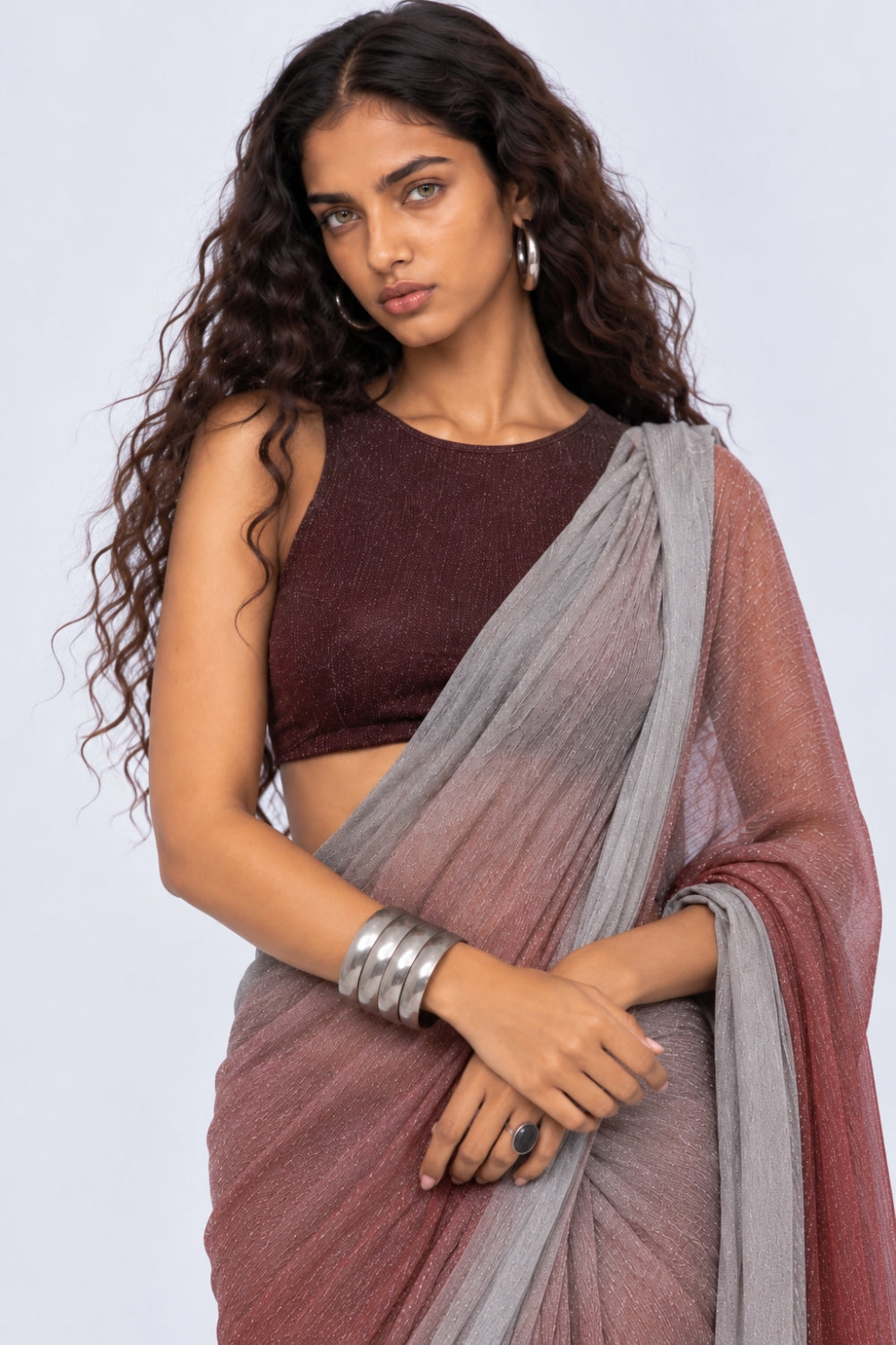 Womens Silver Draped Fit Sari - Image 9