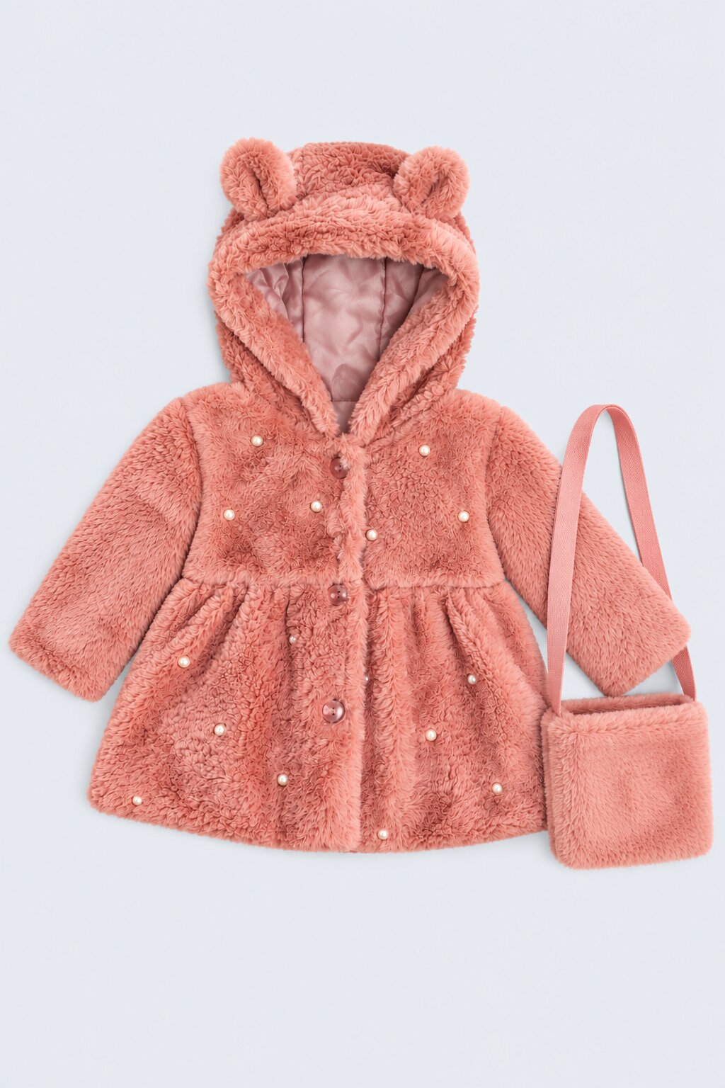 Infant Girls Pink Embelished Fur Hooded Jacket - Image 2