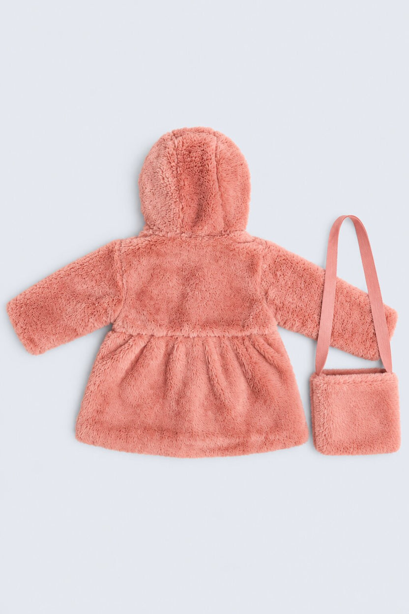 Infant Girls Pink Embelished Fur Hooded Jacket - Image 3