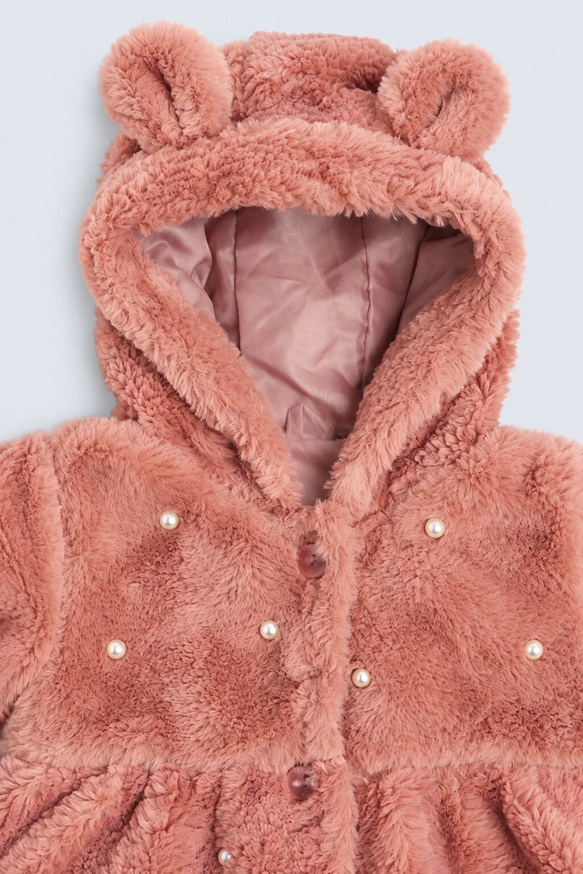 Infant Girls Pink Embelished Fur Hooded Jacket - Image 5