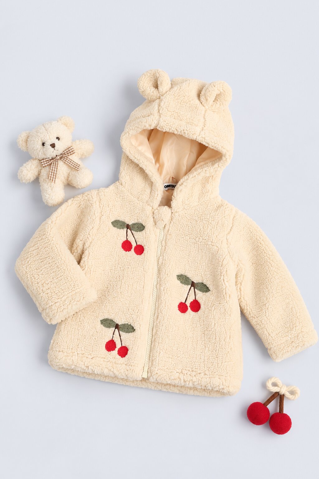 Infant Girls Cream Embroidered Sherpa Hooded Jacket - Image 1