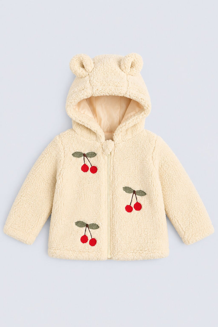 Infant Girls Cream Embroidered Sherpa Hooded Jacket - Image 2