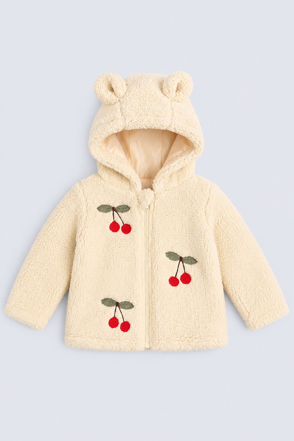 Infant Girls Cream Embroidered Sherpa Hooded Jacket - Image 2