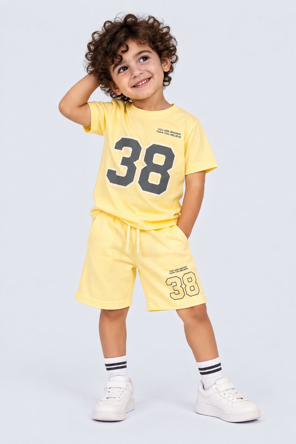 Boys Yellow Number Printed T-Shirt With Shorts Set - Image 1