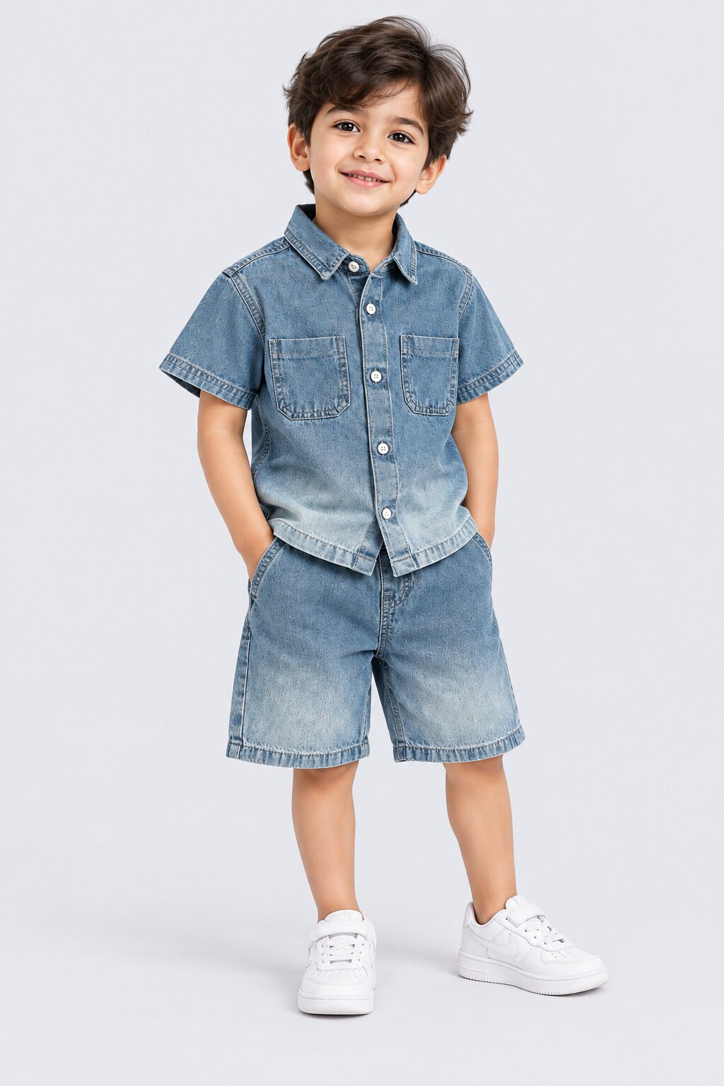 Boys Blue Washed Denim Shirt and Shorts Set - Image 1