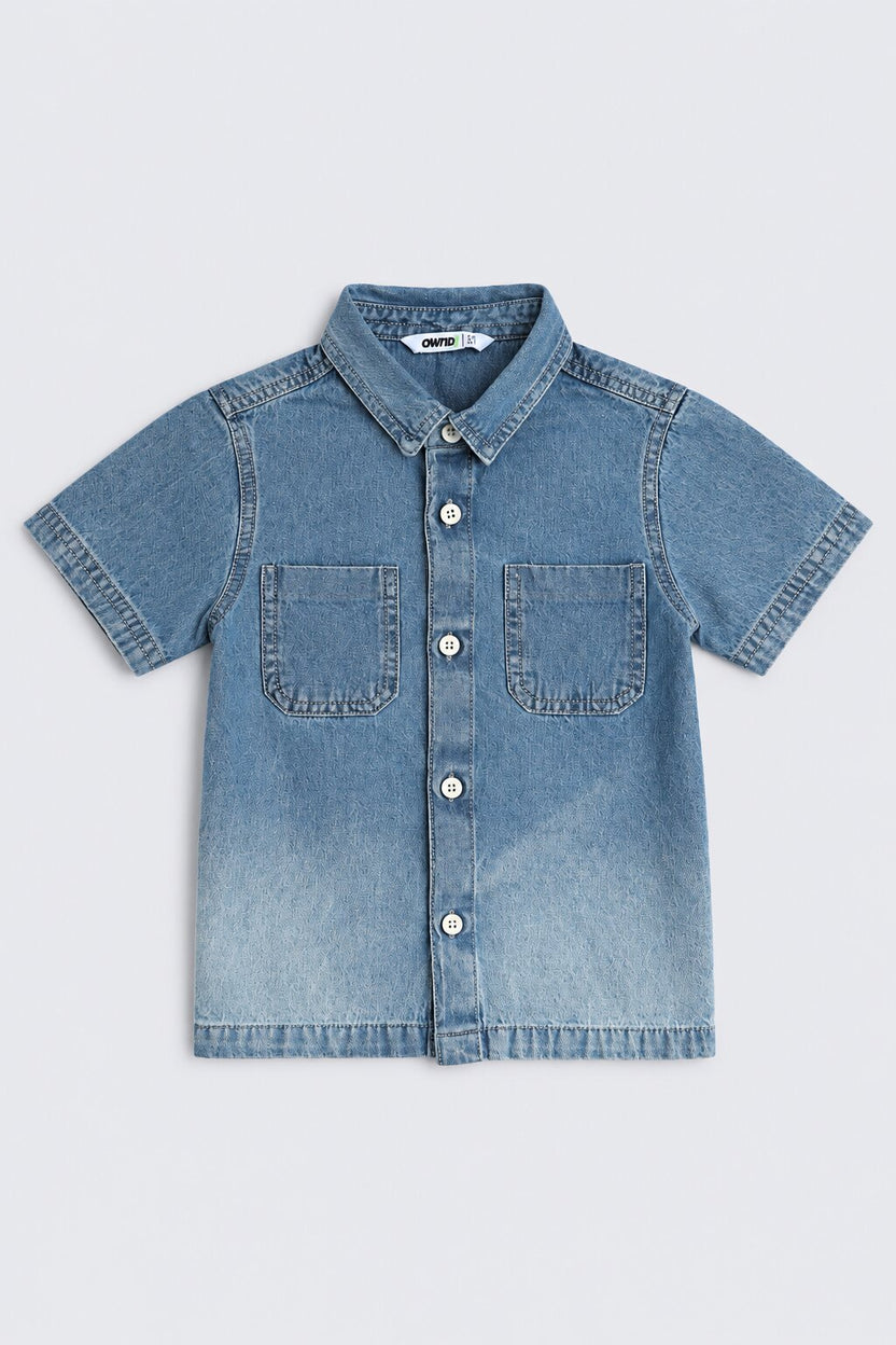 Boys Blue Washed Denim Shirt and Shorts Set - Image 2