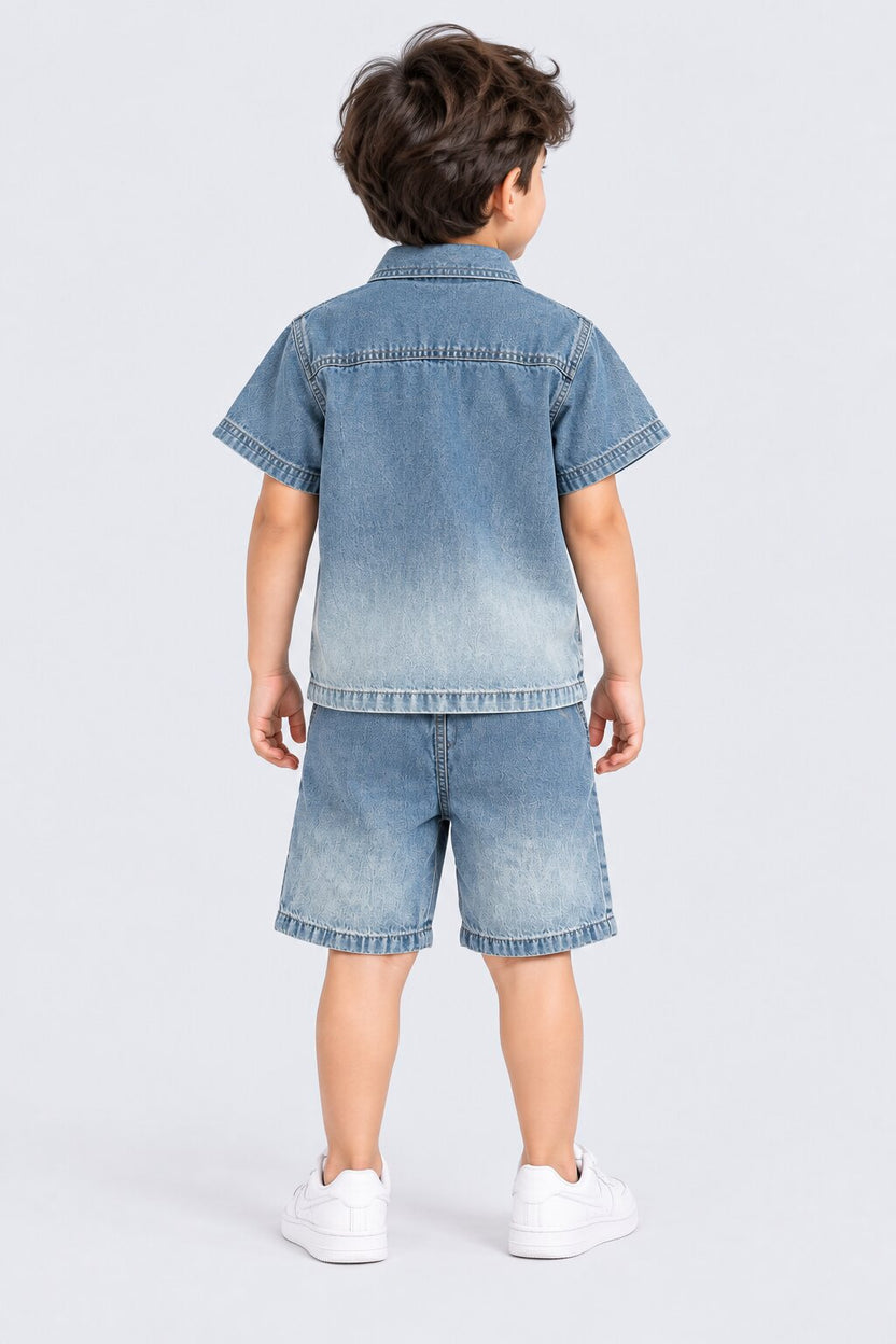 Boys Blue Washed Denim Shirt and Shorts Set - Image 4