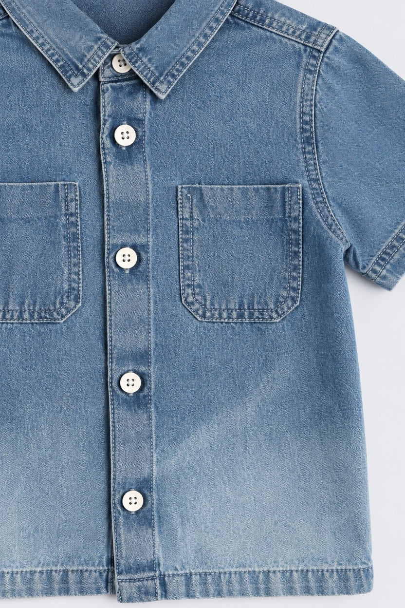 Boys Blue Washed Denim Shirt and Shorts Set - Image 6