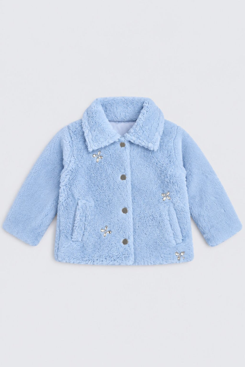 Girls Blue Fur Button Front Jacket - Image 2