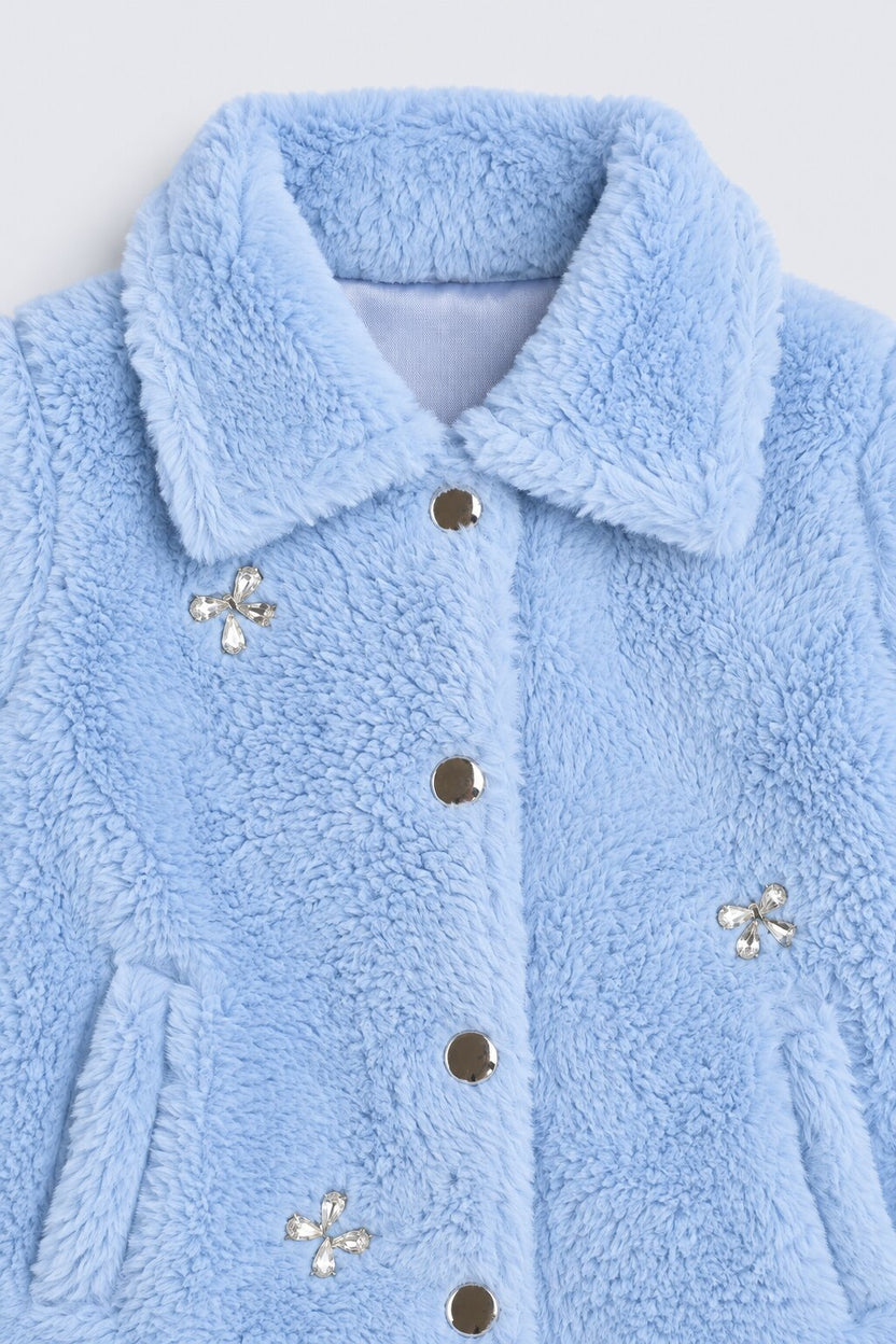 Girls Blue Fur Button Front Jacket - Image 6