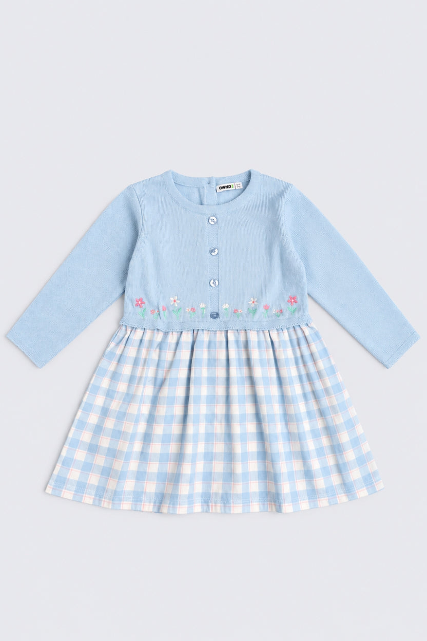 Girls Blue Checked Sweater Dress - Image 2