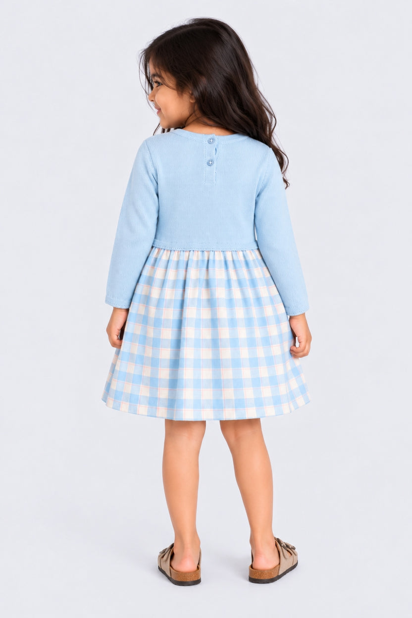 Girls Blue Checked Sweater Dress - Image 4