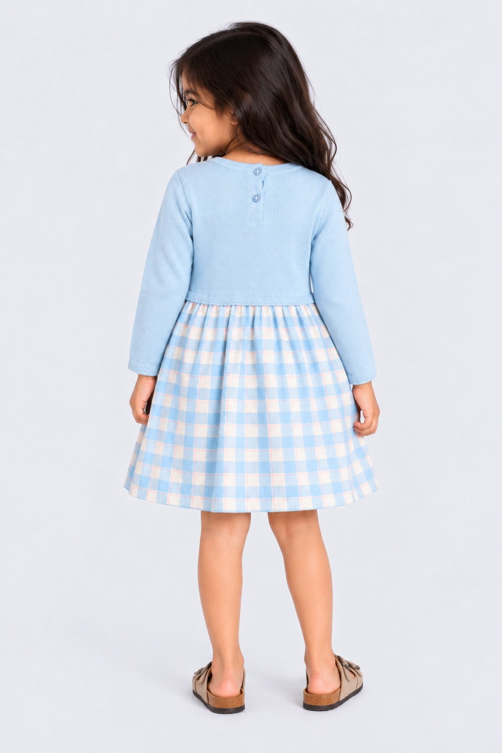 Girls Blue Checked Sweater Dress - Image 4