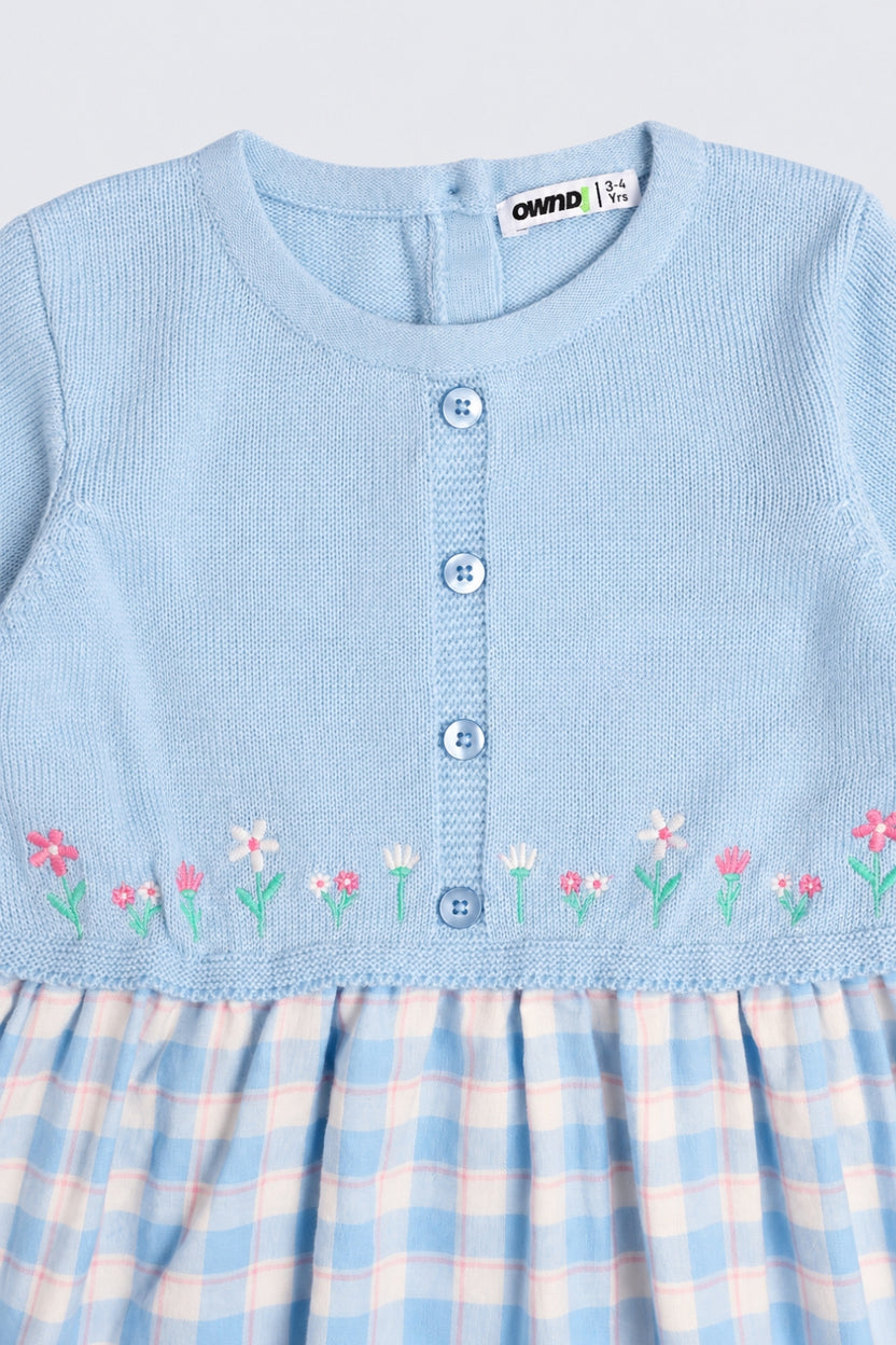 Girls Blue Checked Sweater Dress - Image 6
