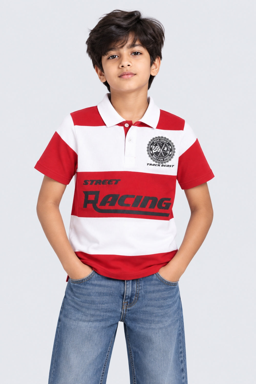 Tweens Boy Red Colorblock Printed Polo T-Shirt - Image 1