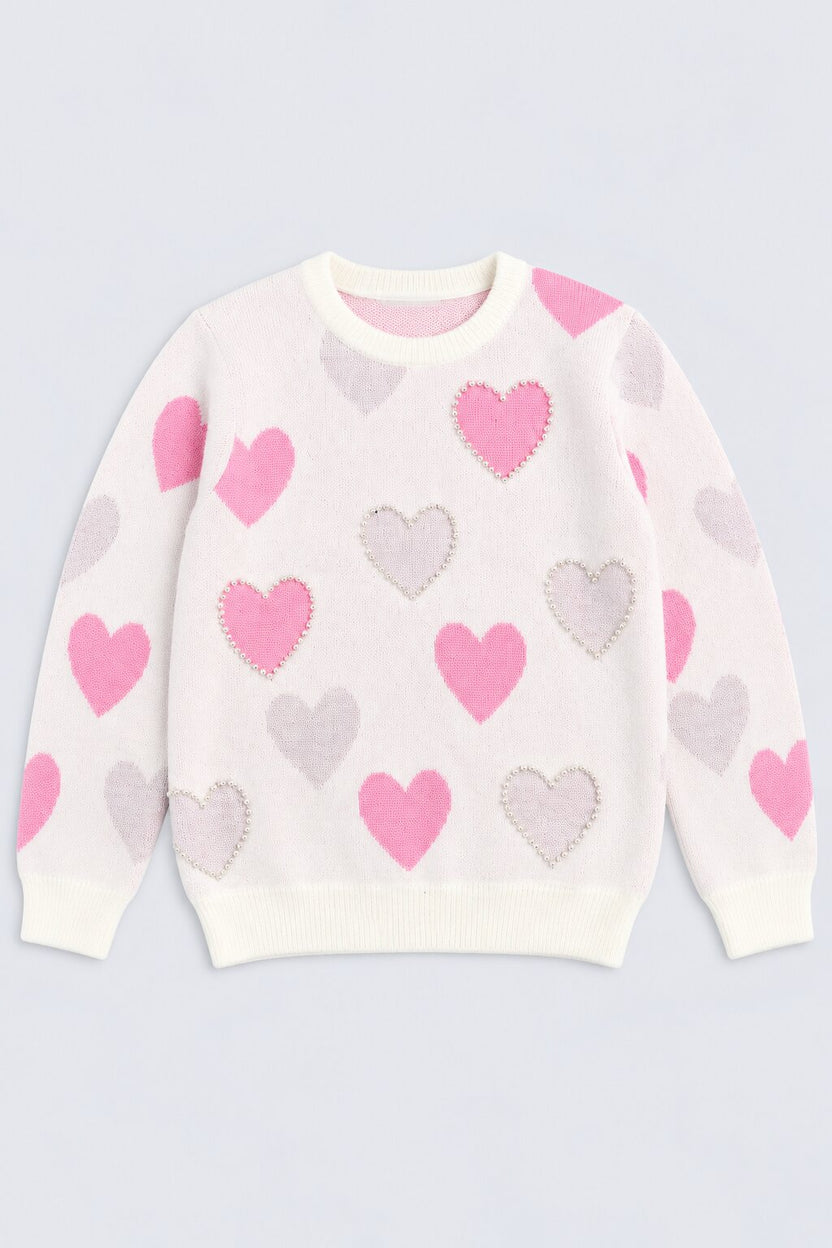 Tweens Girl Off White Heart Embelished Knit Sweater - Image 2
