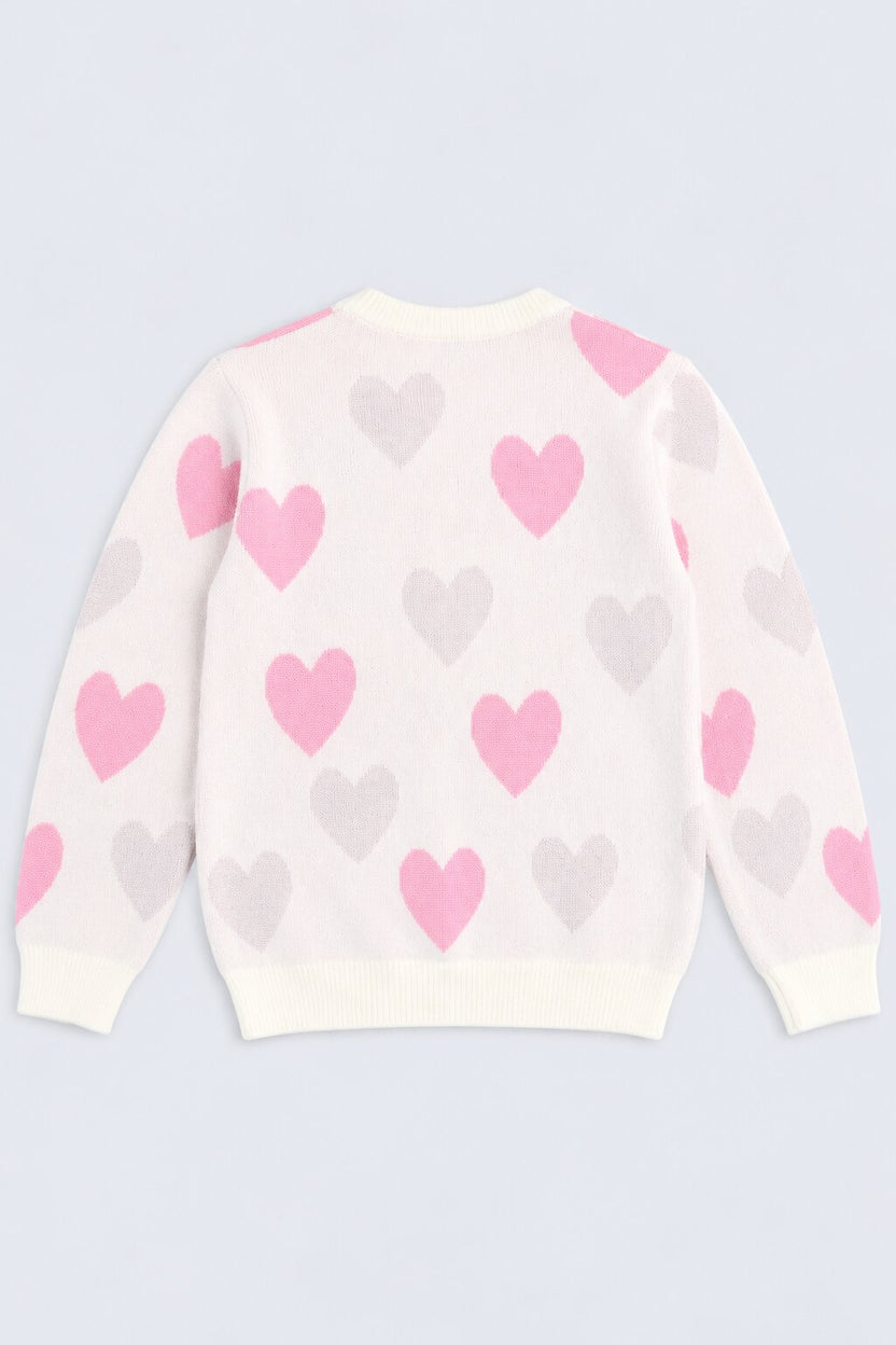 Tweens Girl Off White Heart Embelished Knit Sweater - Image 3