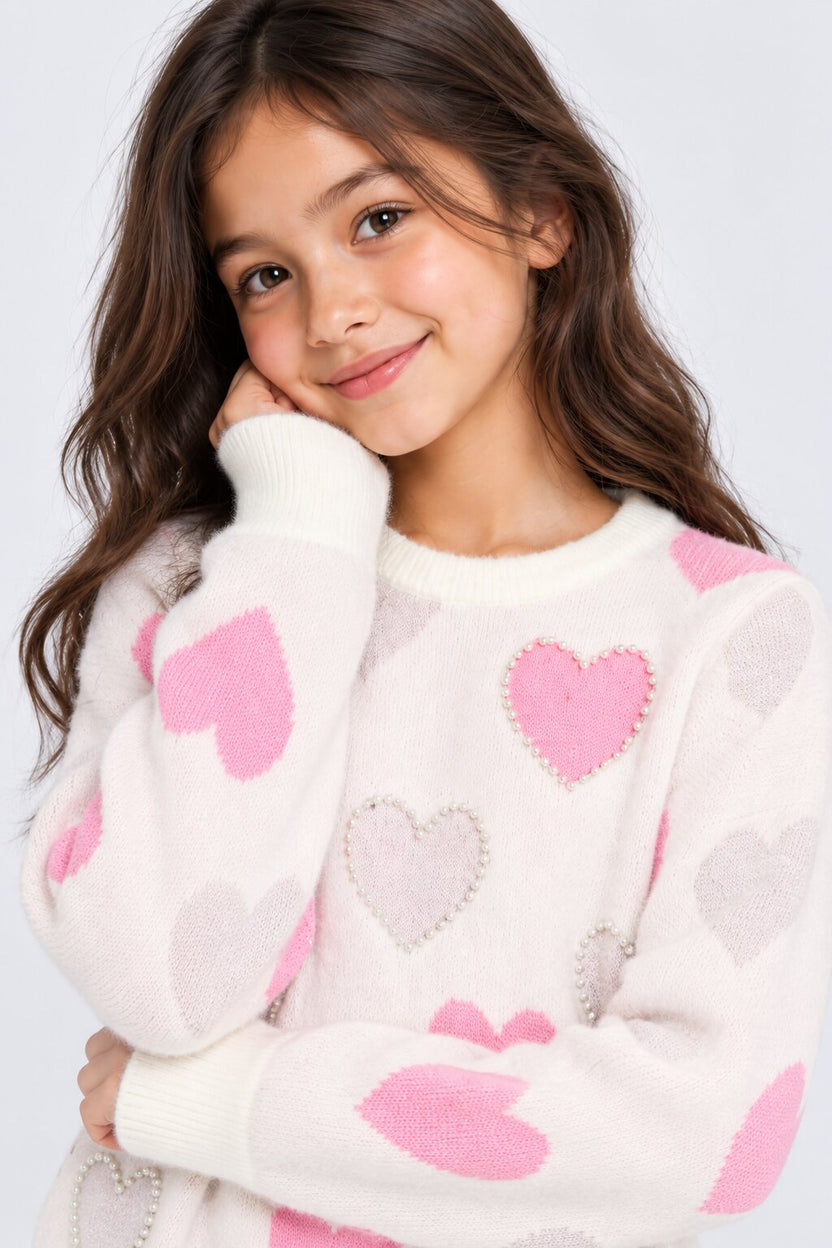 Tweens Girl Off White Heart Embelished Knit Sweater - Image 6