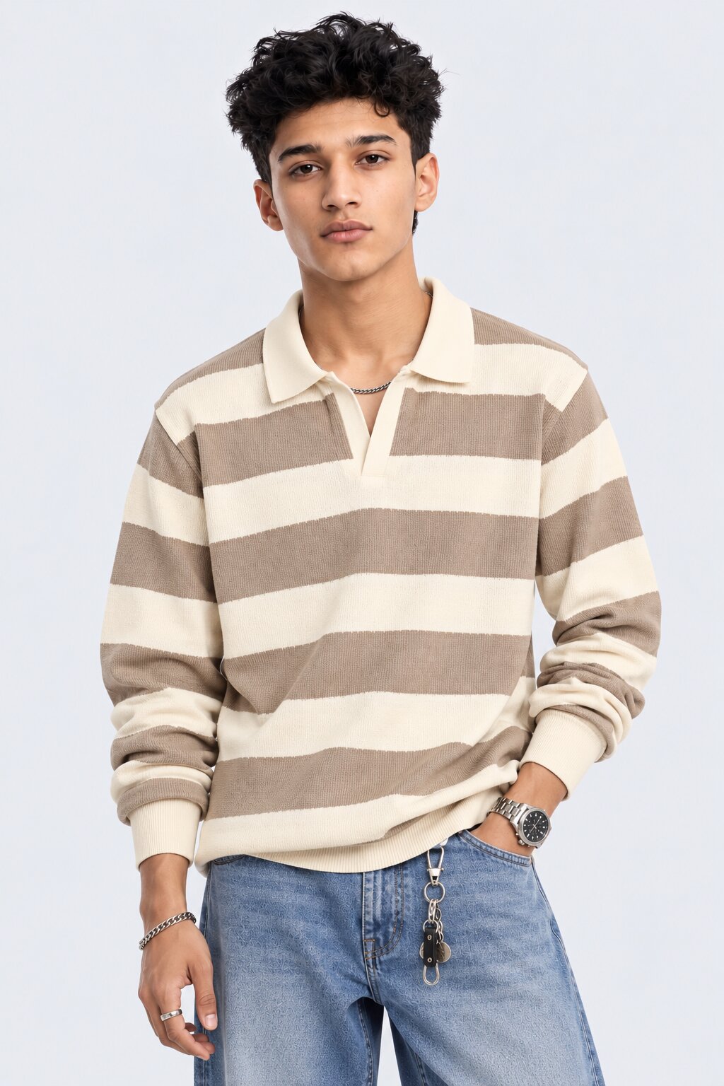 Mens Regular Fit Beige Striped Sweatshirt - Image 1