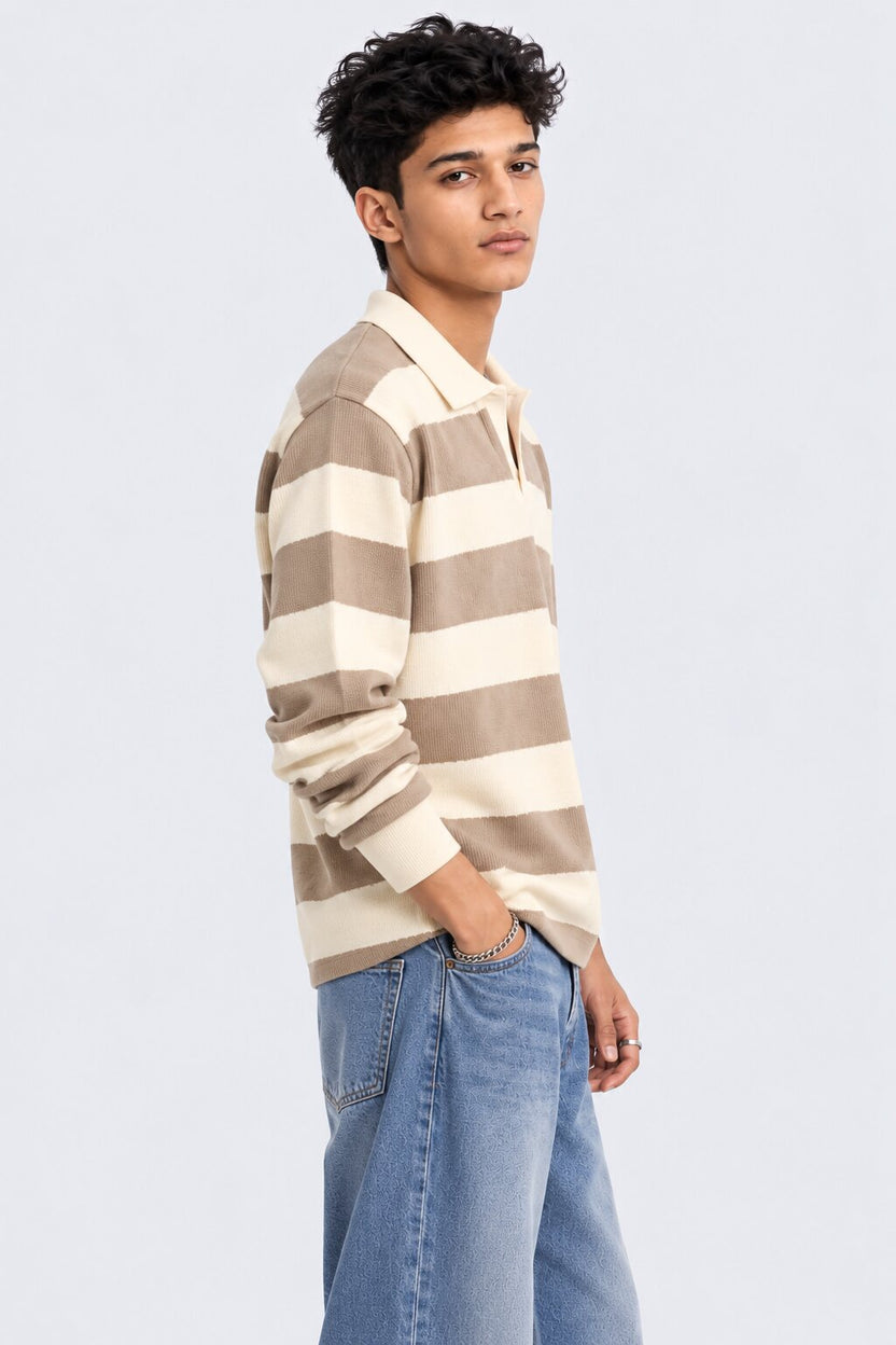 Mens Regular Fit Beige Striped Sweatshirt - Image 2