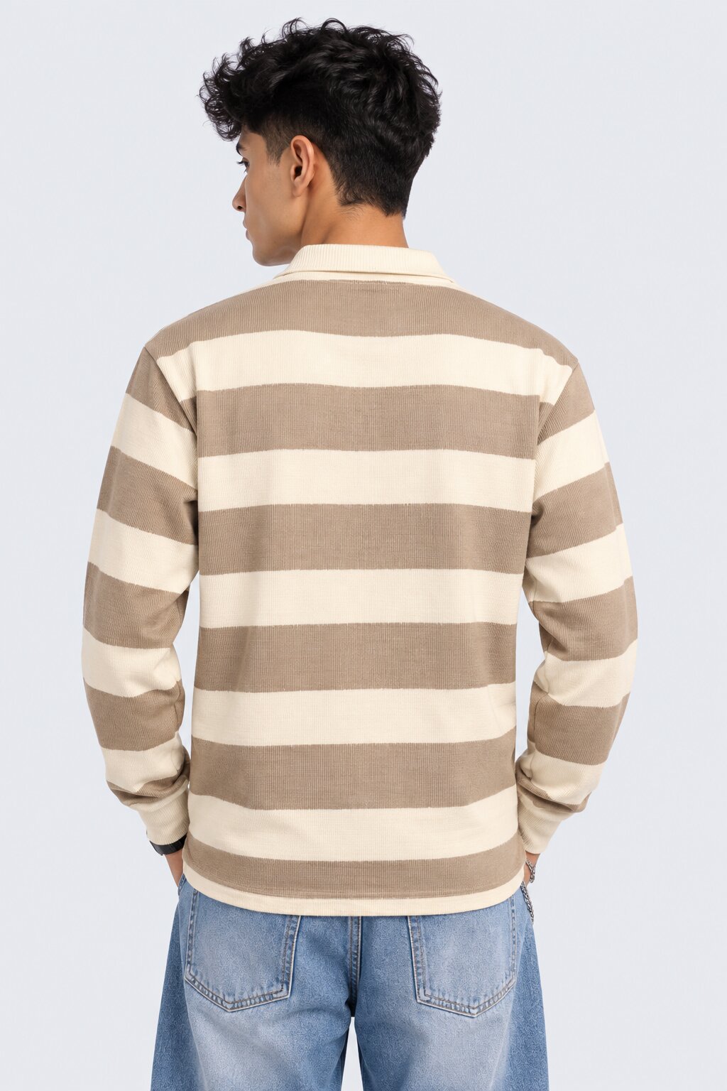 Mens Regular Fit Beige Striped Sweatshirt - Image 4