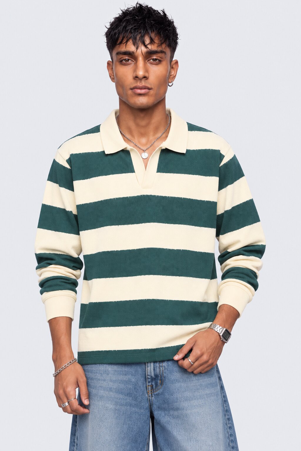 Mens Regular Fit Teal Striped Sweatshirt - Image 1