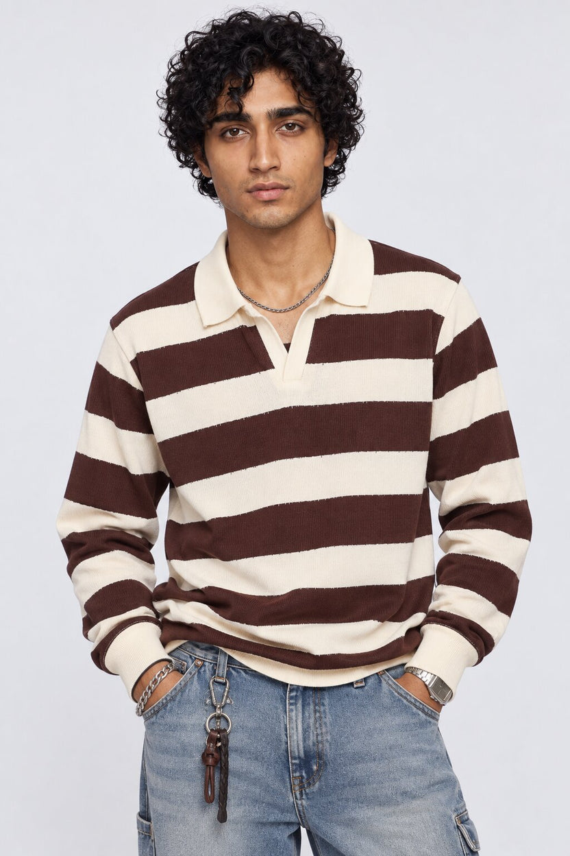 Mens Regular Fit Brown Striped Sweatshirt - Image 1