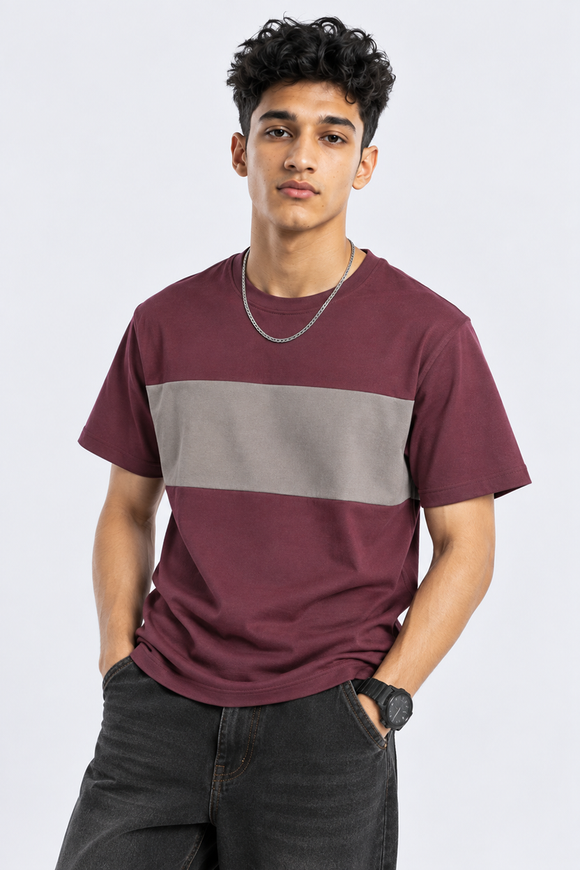 Mens Wine Colourblocked Crew Neck T-Shirt - Image 1