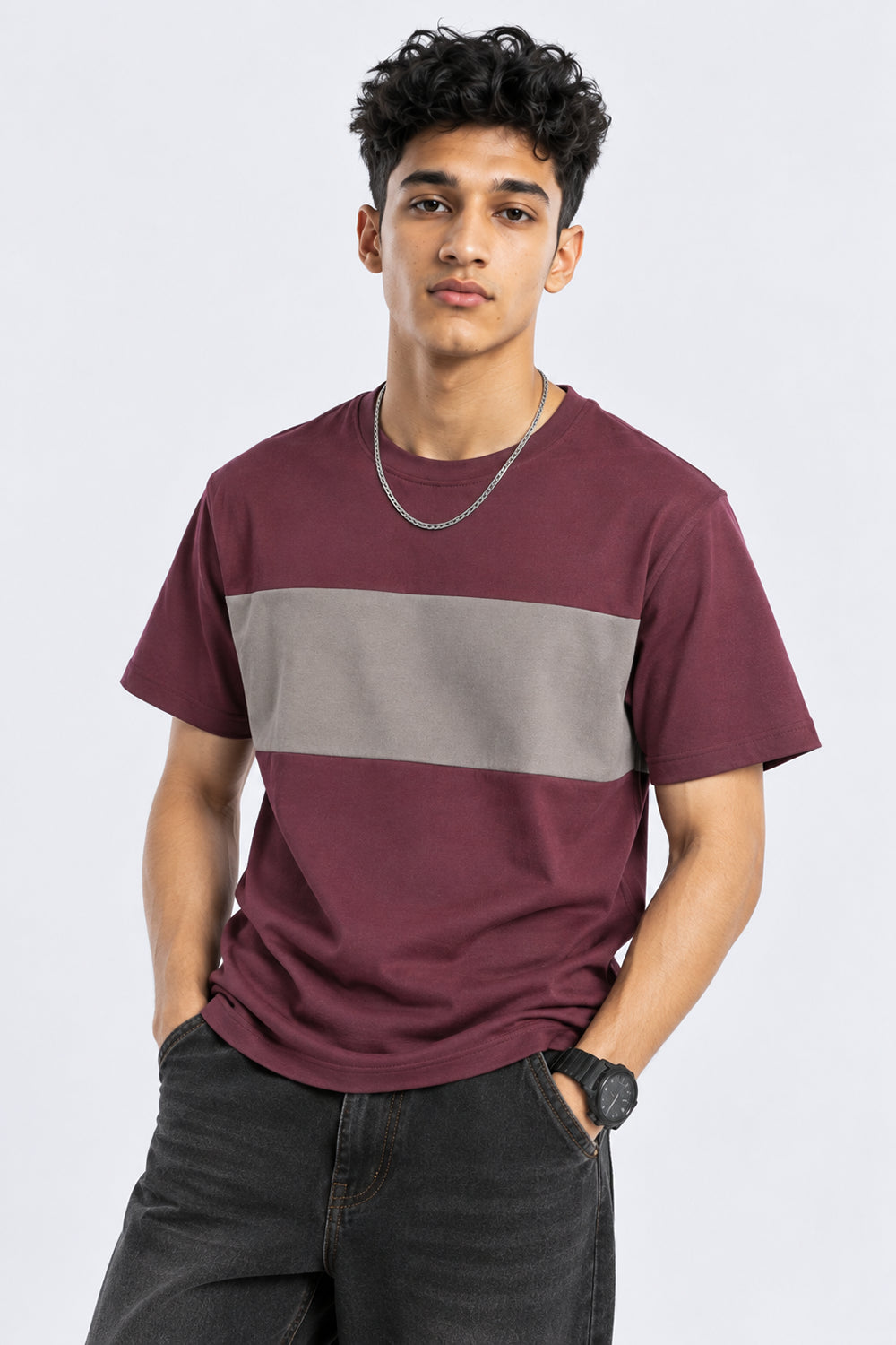 Mens Wine Colourblocked Crew Neck T-Shirt - Image 1