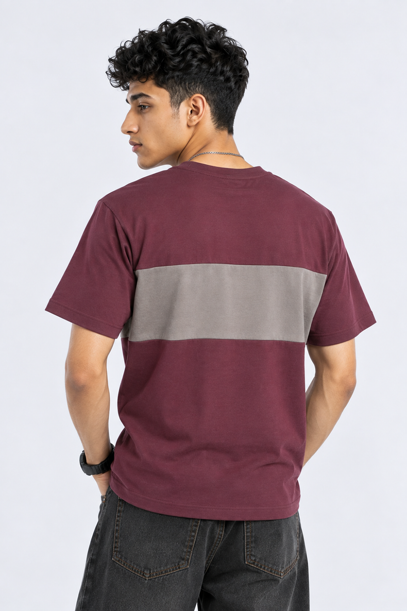 Mens Wine Colourblocked Crew Neck T-Shirt - Image 2