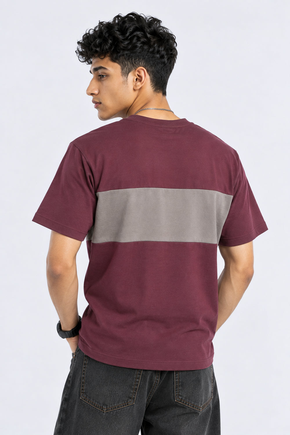 Mens Wine Colourblocked Crew Neck T-Shirt - Image 2