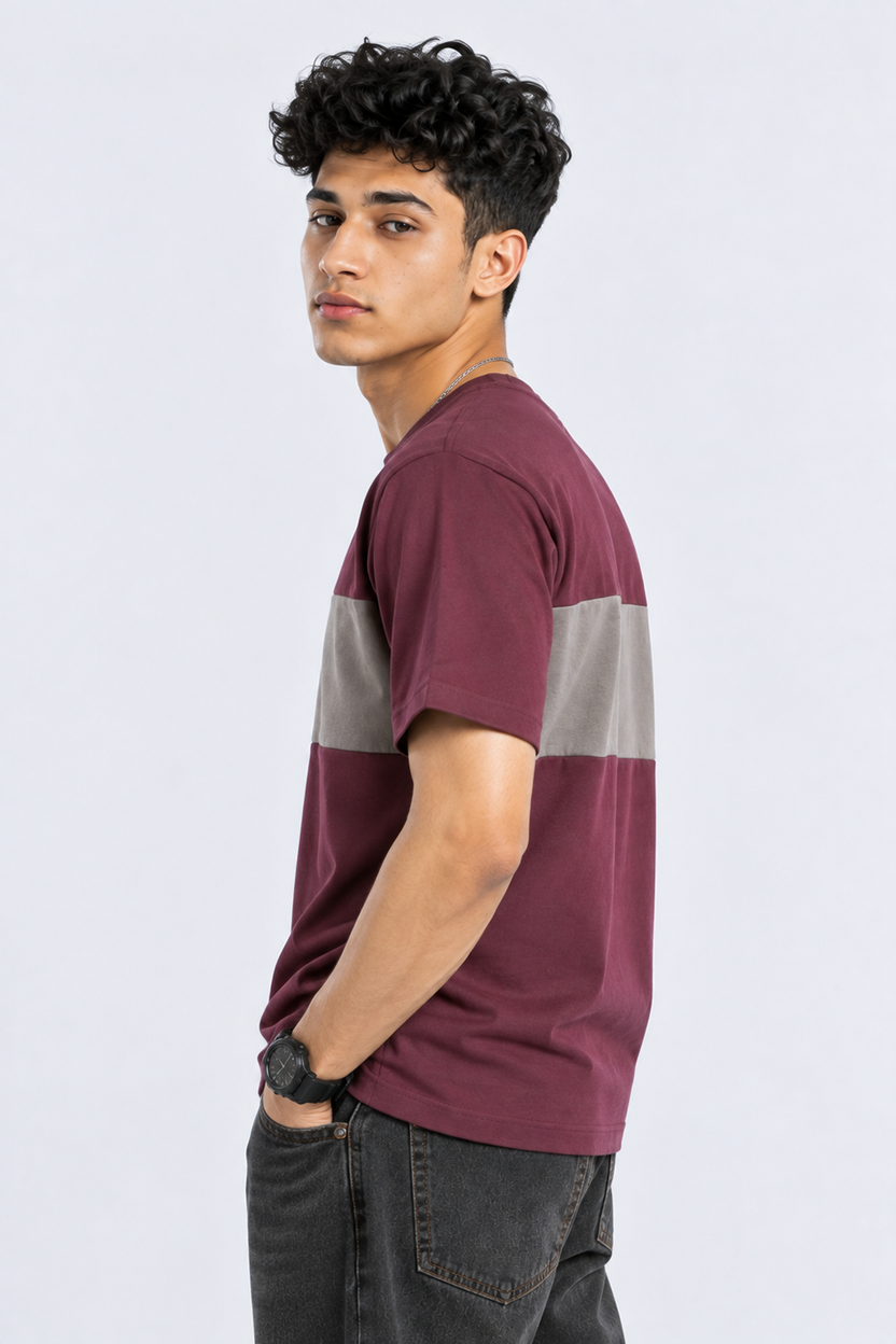Mens Wine Colourblocked Crew Neck T-Shirt - Image 4