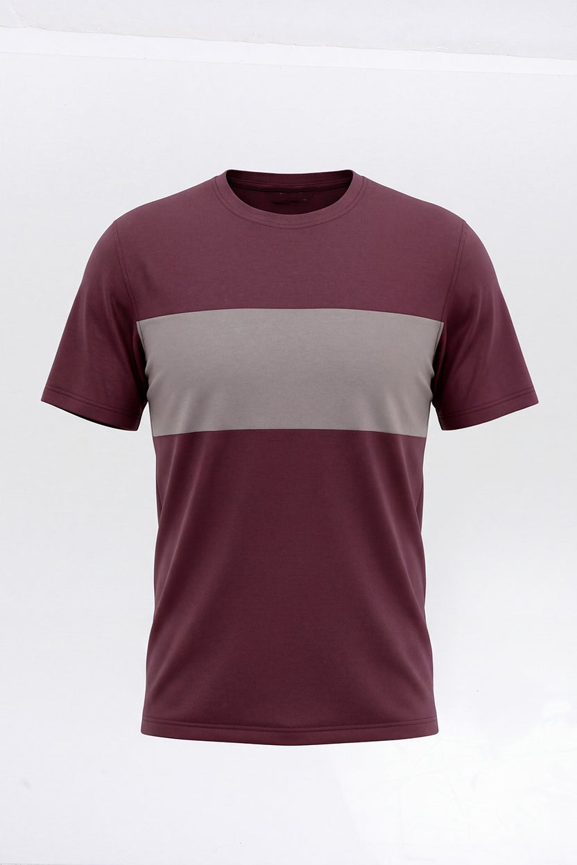 Mens Wine Colourblocked Crew Neck T-Shirt - Image 6