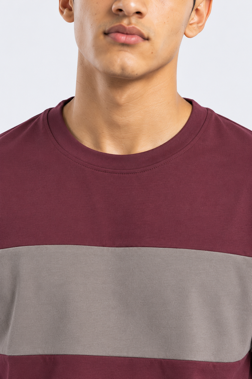 Mens Wine Colourblocked Crew Neck T-Shirt - Image 8