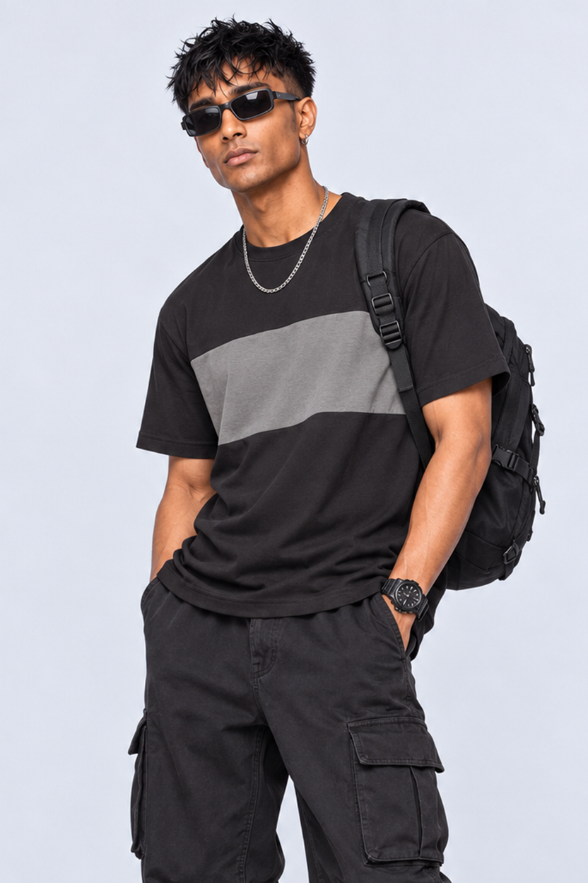Mens Charcoal Colourblocked Crew Neck T-Shirt - Image 1