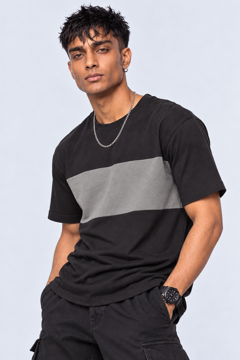 Mens Charcoal Colourblocked Crew Neck T-Shirt - Image 2