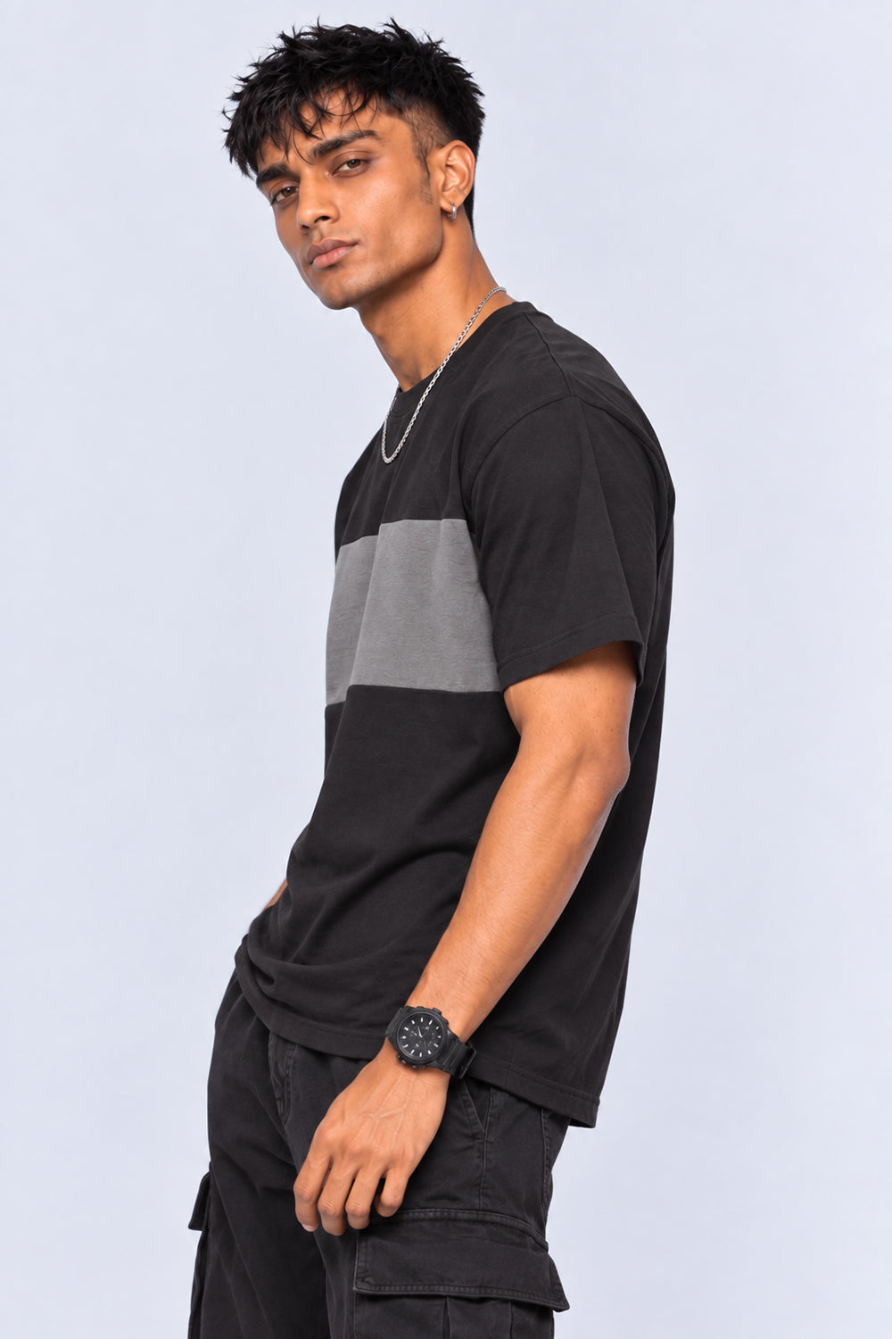 Mens Charcoal Colourblocked Crew Neck T-Shirt - Image 4