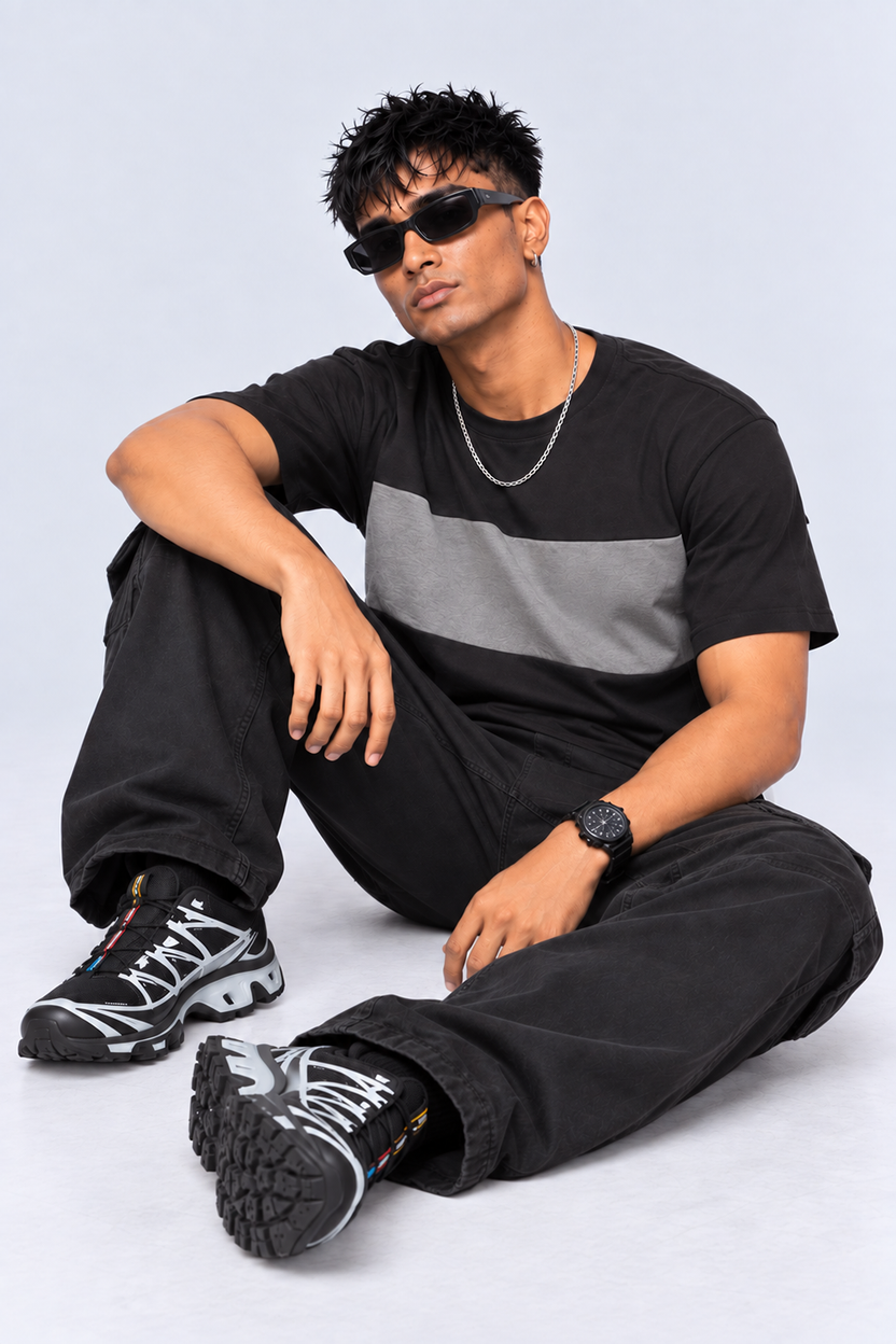 Mens Charcoal Colourblocked Crew Neck T-Shirt - Image 6