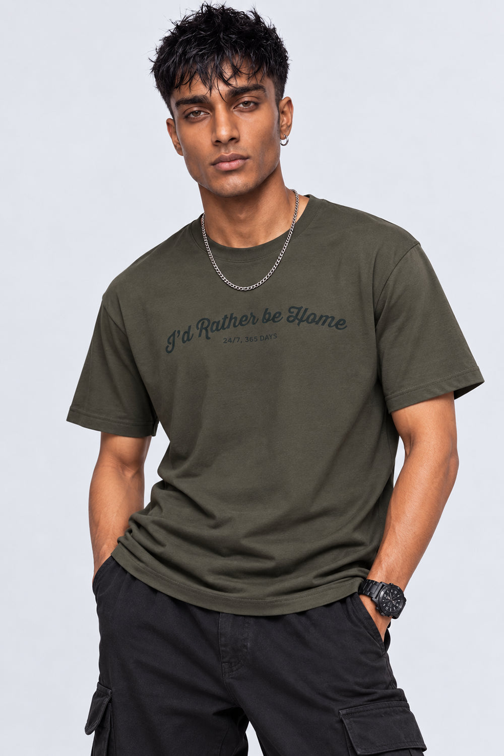 Mens Olive Typography Printed T-Shirt - Image 1