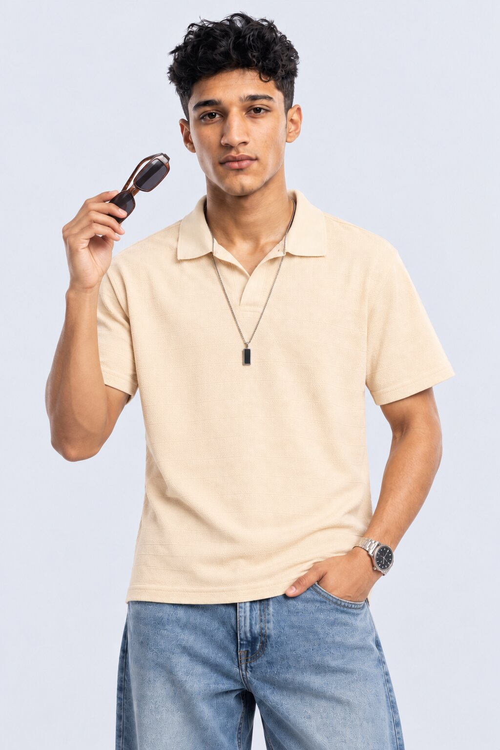 Mens Cream Textured Polo T-Shirt - Image 1