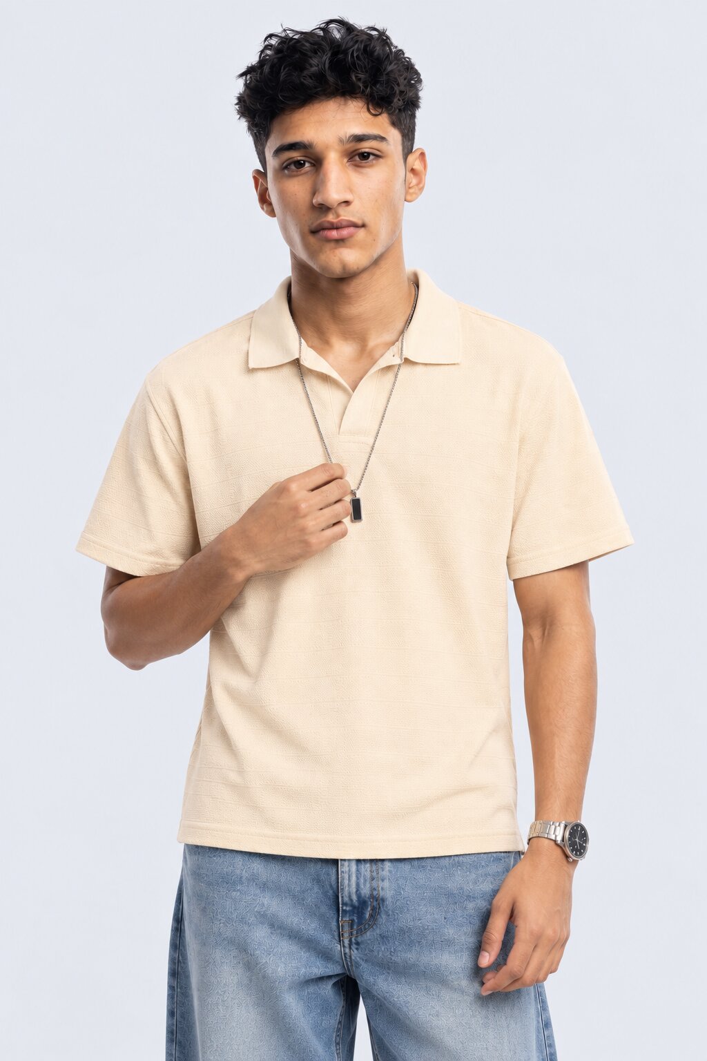 Mens Cream Textured Polo T-Shirt - Image 2
