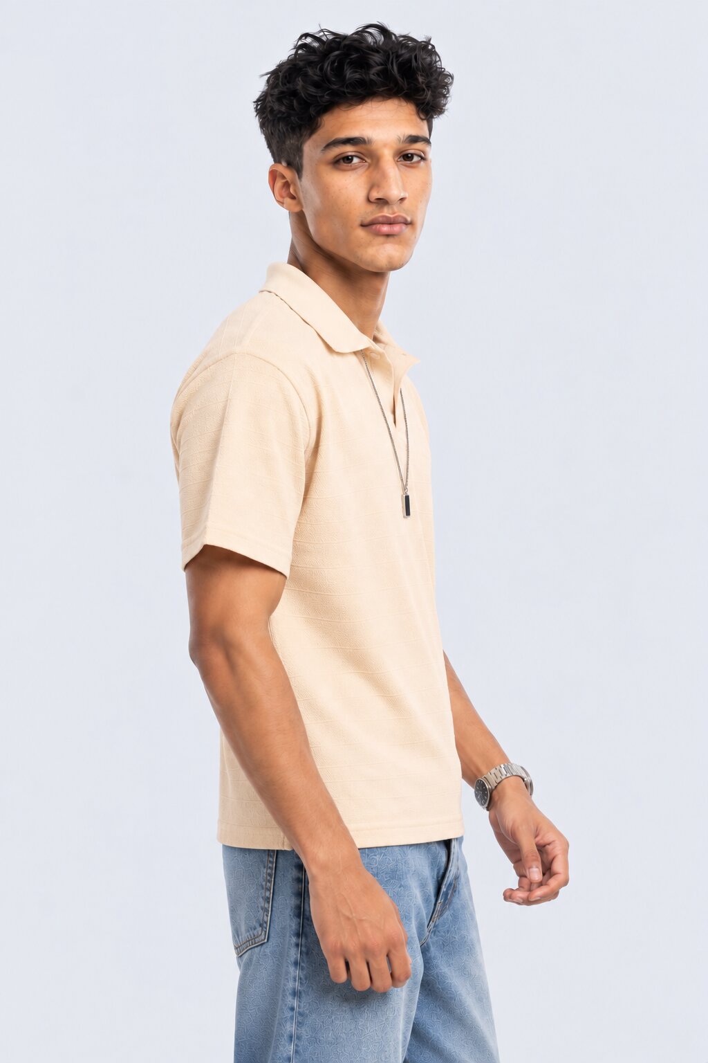 Mens Cream Textured Polo T-Shirt - Image 4