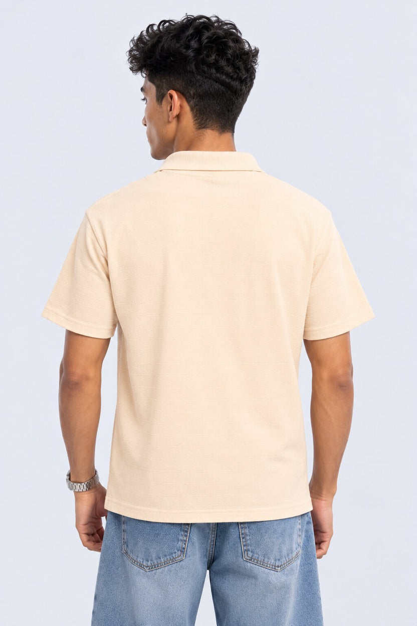 Mens Cream Textured Polo T-Shirt - Image 5