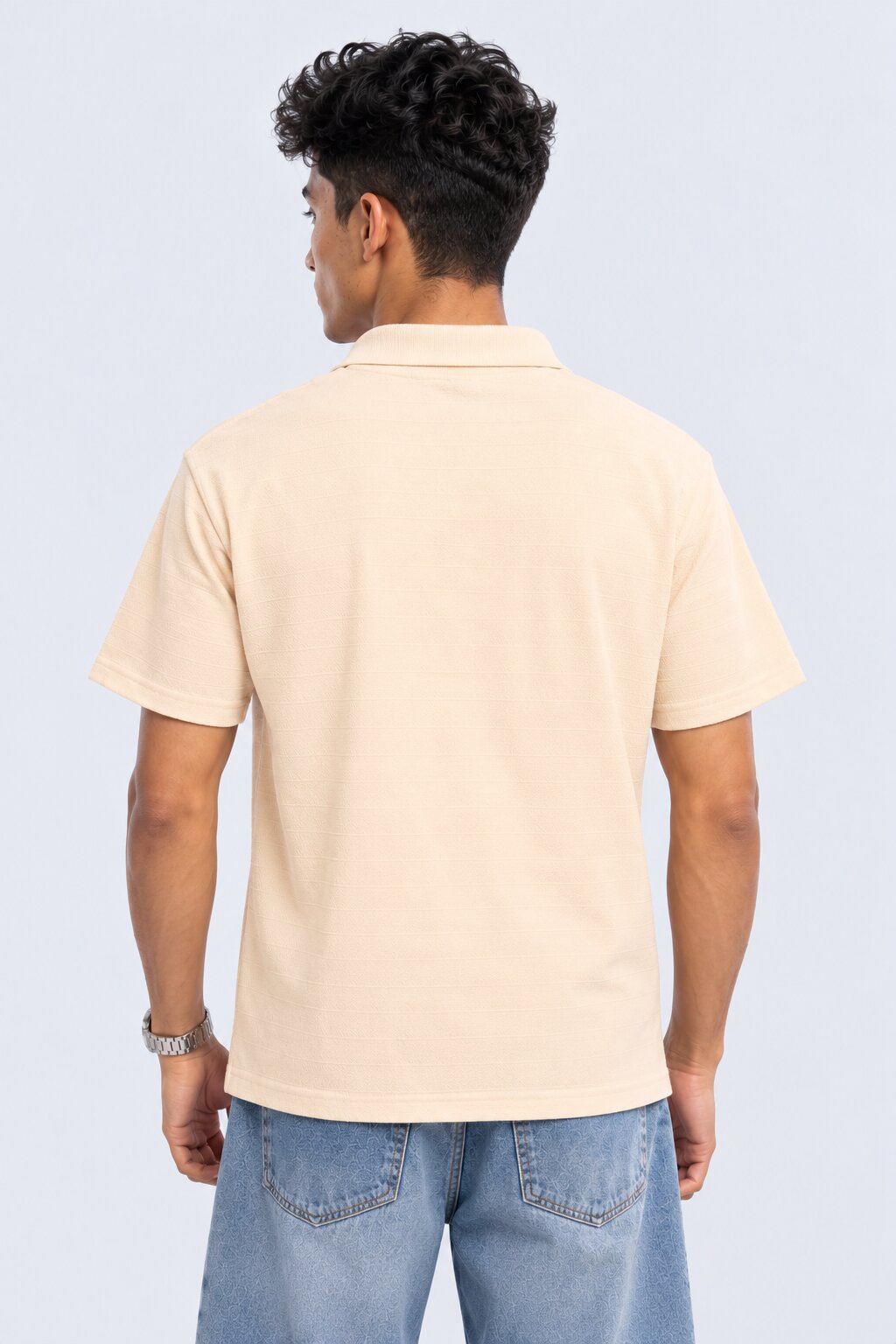 Mens Cream Textured Polo T-Shirt - Image 5