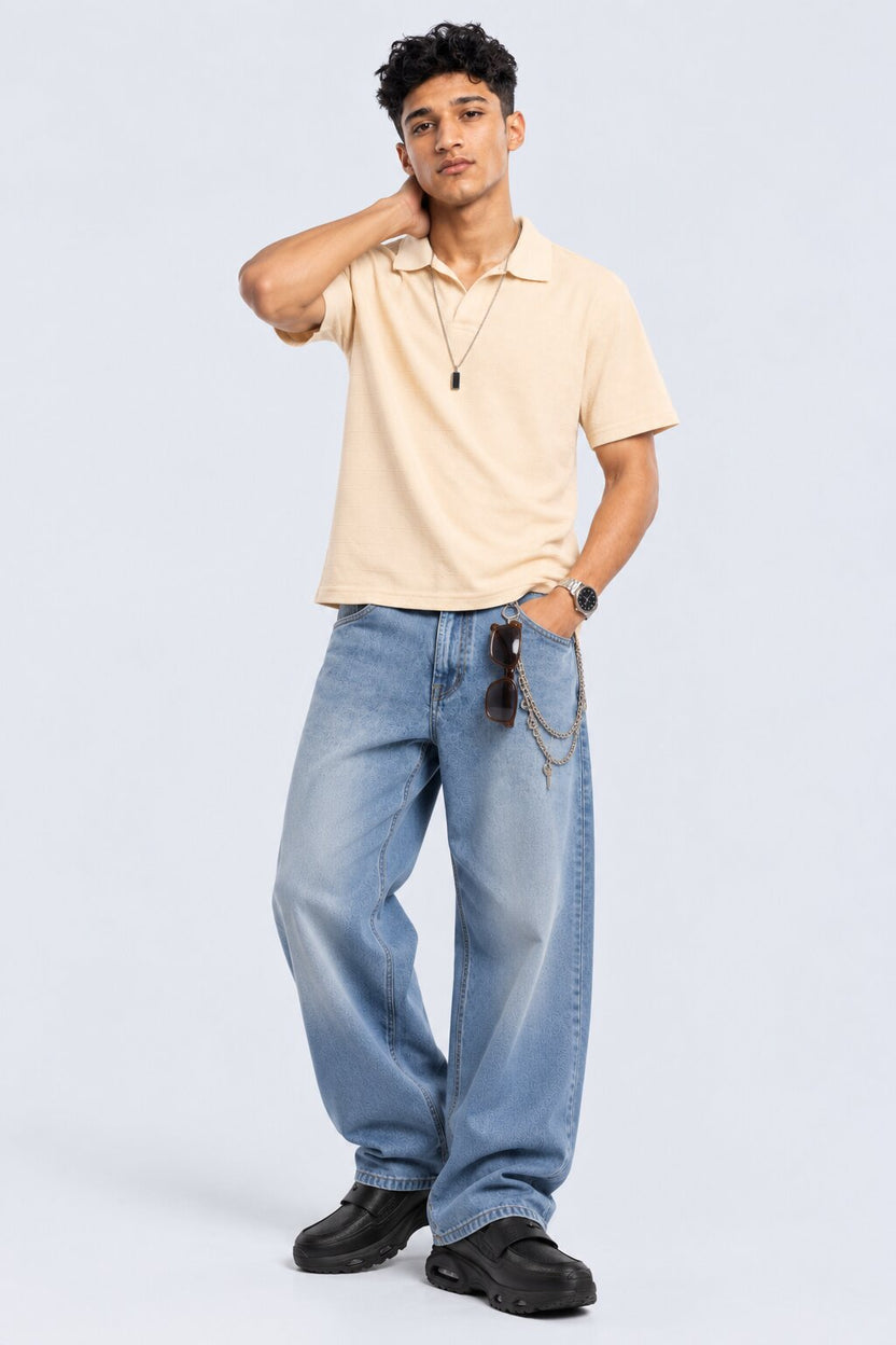 Mens Cream Textured Polo T-Shirt - Image 6