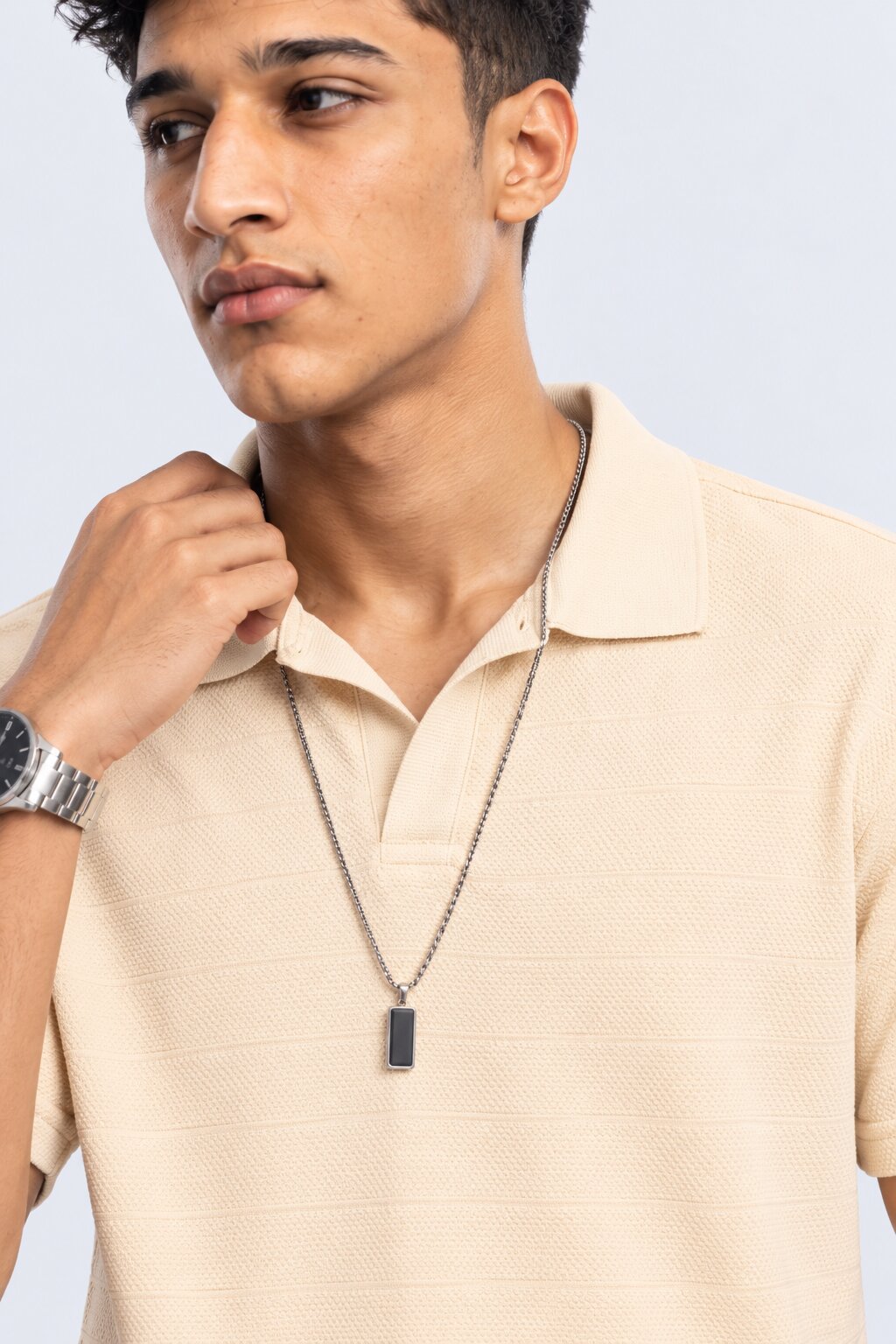 Mens Cream Textured Polo T-Shirt - Image 9